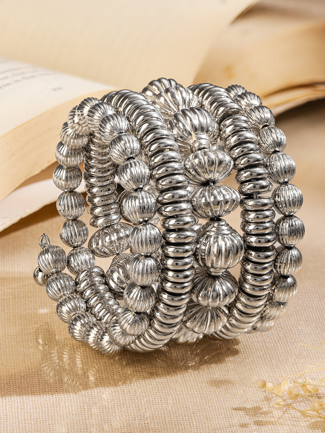 Rubans Silver-Plated Textured Beaded Statement Bracelet for Women