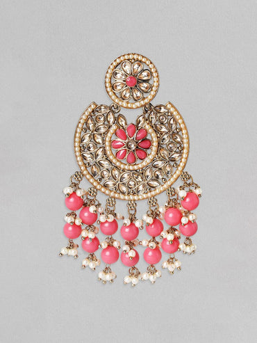 Rubans Gold Plated Handcrafted AD Studded & Pink Beads Chandbali Earrings