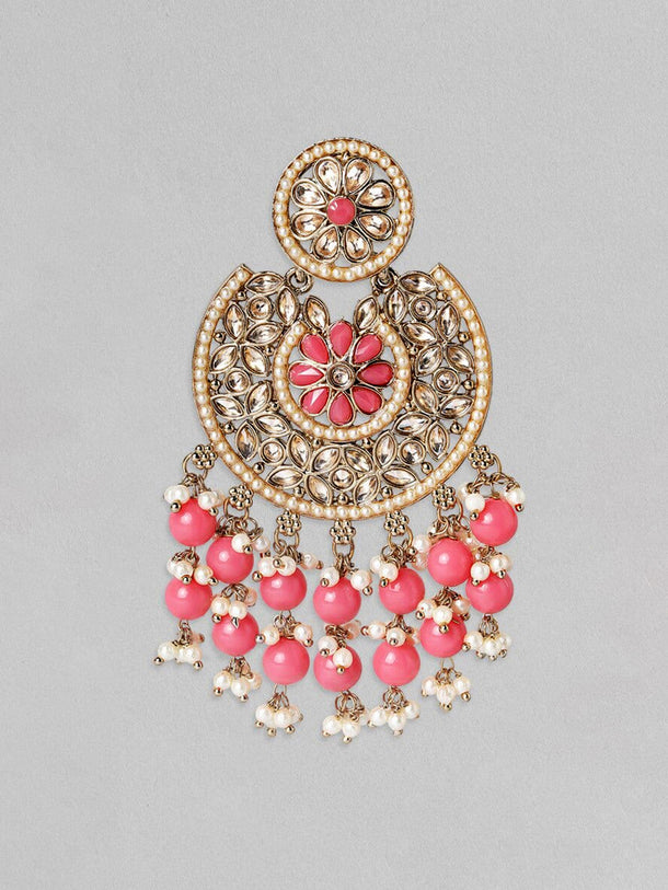 Rubans Gold Plated Handcrafted AD Studded & Pink Beads Chandbali Earrings