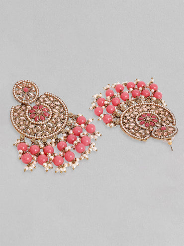 Rubans Gold Plated Handcrafted AD Studded & Pink Beads Chandbali Earrings