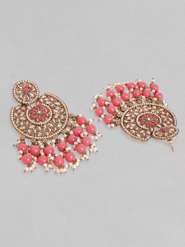 Rubans Gold Plated Handcrafted AD Studded & Pink Beads Chandbali Earrings