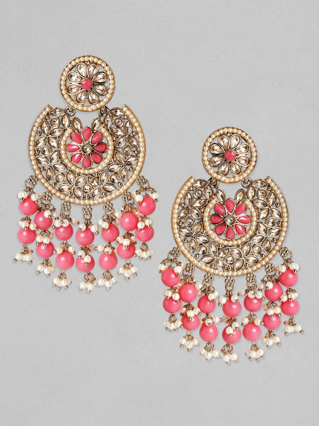 Rubans Gold Plated Handcrafted AD Studded & Pink Beads Chandbali Earrings