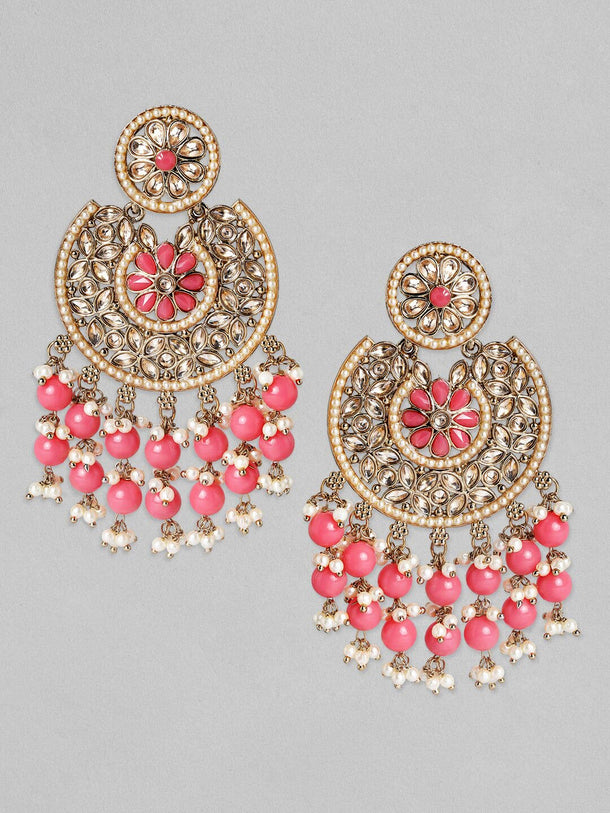 Rubans Gold Plated Handcrafted AD Studded & Pink Beads Chandbali Earrings