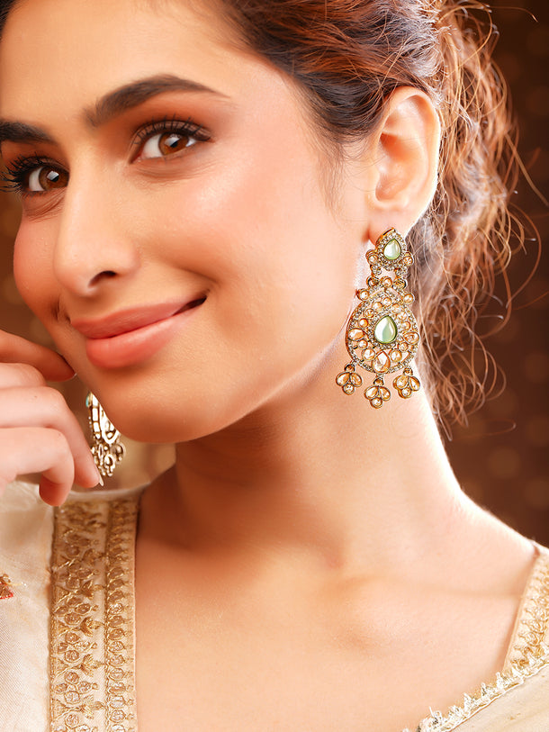 Antique Gold Plated Green Kundan Charm Dangler Earrings