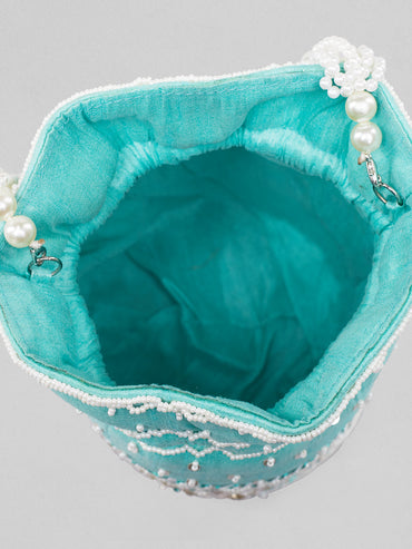 Rubans Mint Coloured Potli Bag With Golden And White Embroided Design.