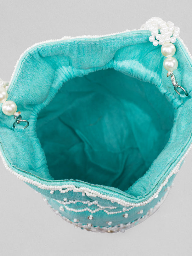 Rubans Mint Coloured Potli Bag With Golden And White Embroided Design.