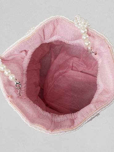 Rubans Pink Coloured Potli Bag With Golden And White Embroided Design.