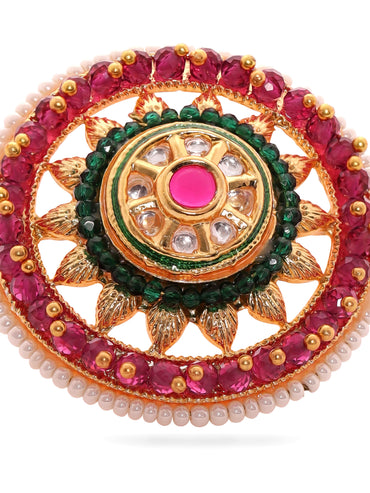 Rubans 22K Gold Plated Kundan Studded Red & Green Crystal with Pearl beaded Handcrafted Adjustable Ring