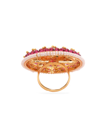 Rubans 22K Gold Plated Kundan Studded Red & Green Crystal with Pearl beaded Handcrafted Adjustable Ring