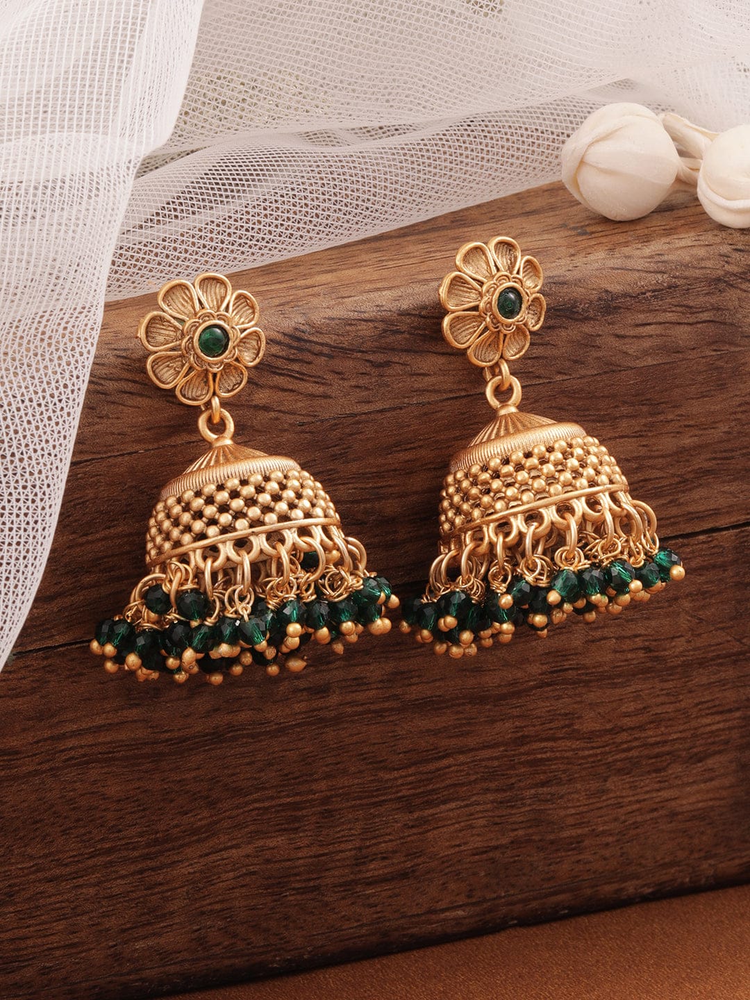 Regal Aura Green Jhumka Earrings