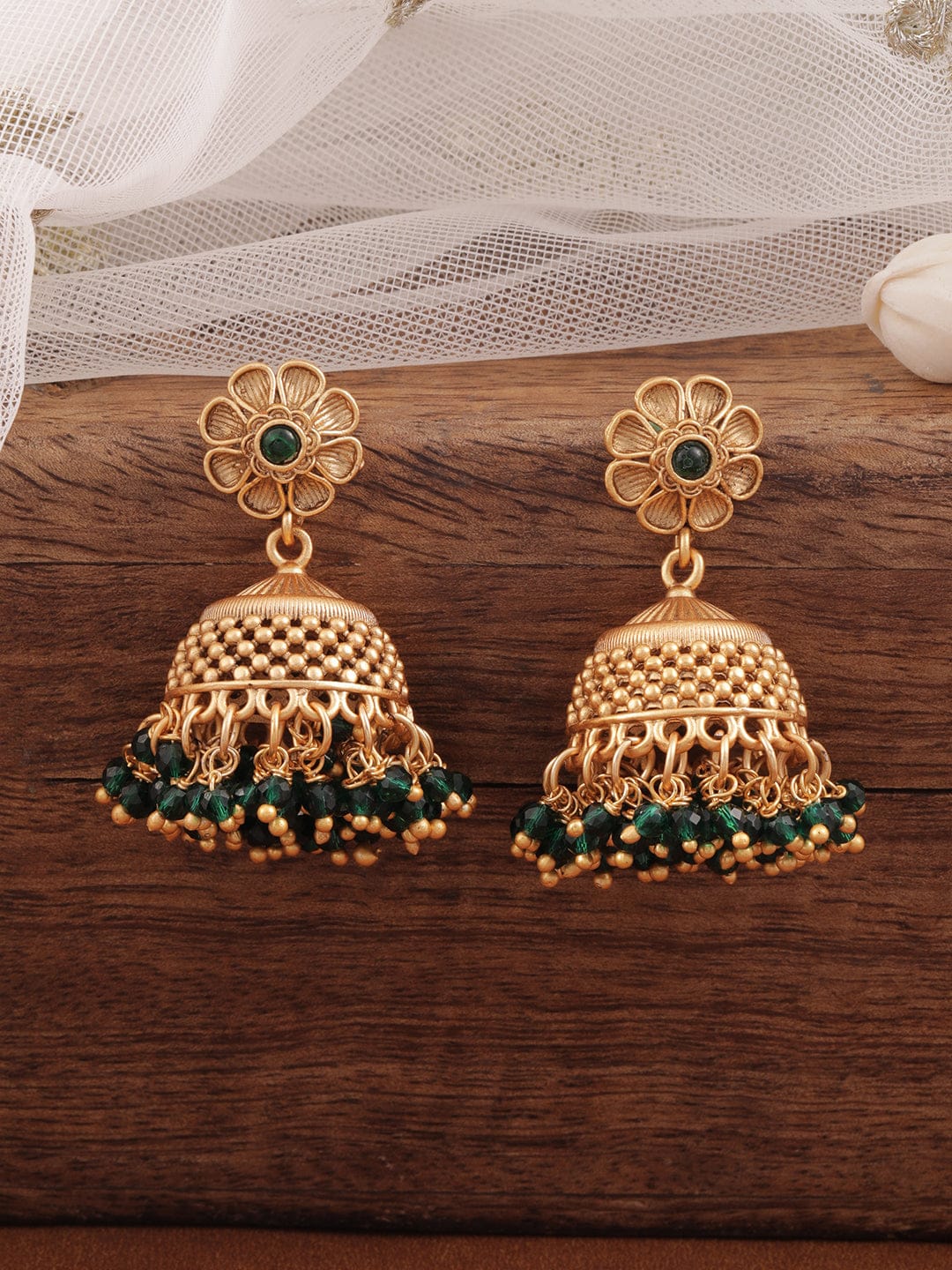 Regal Aura Green Jhumka Earrings