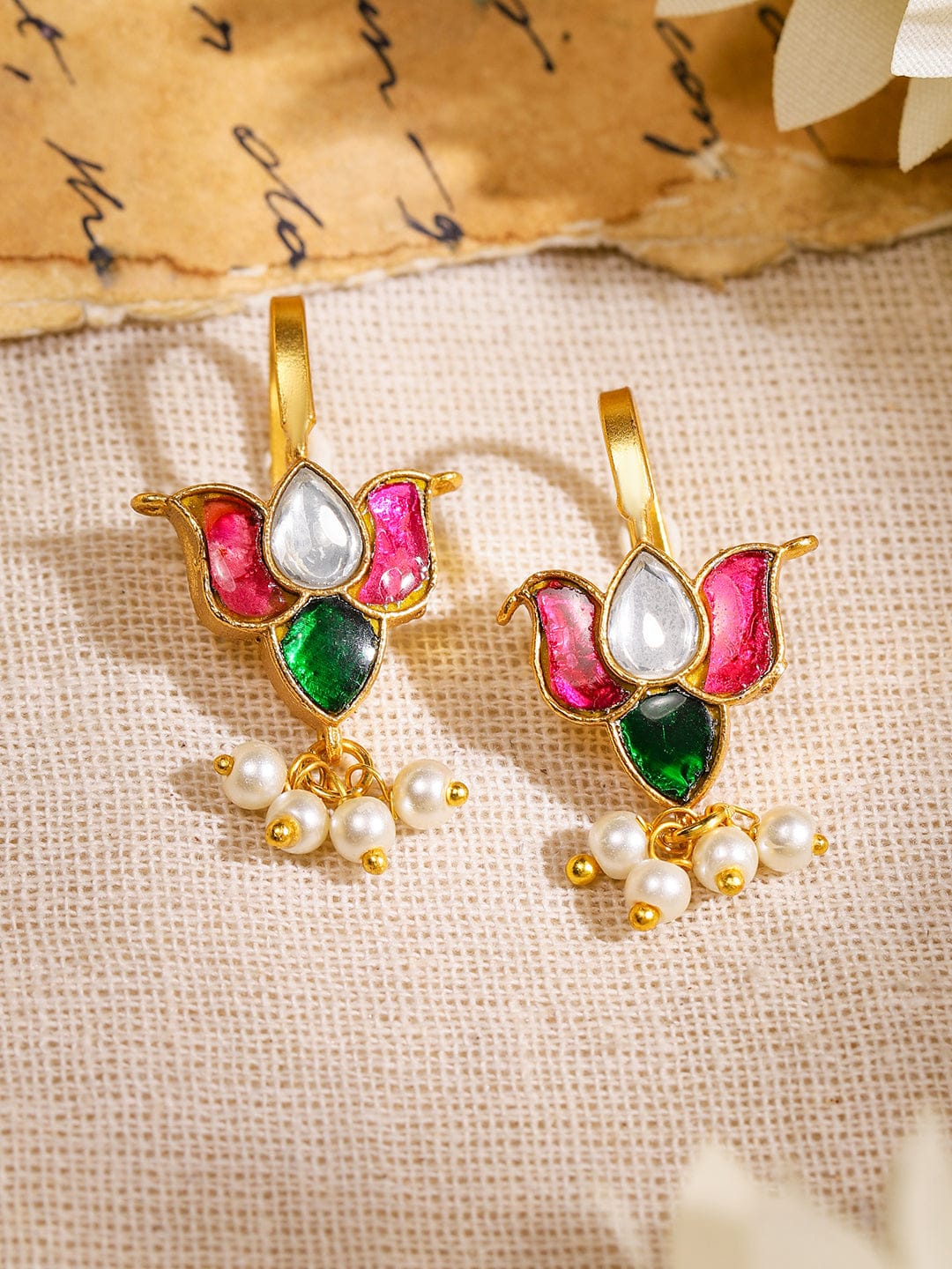 Regal Bloom Lotus Pearl Ear Cuffs Earrings