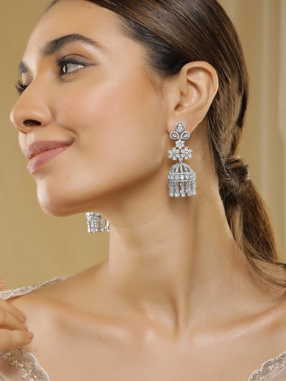 Rhodium Plated AAA Cubic Zirconia Studded Flower Design Jhumka Earrings Jhumka Earrings