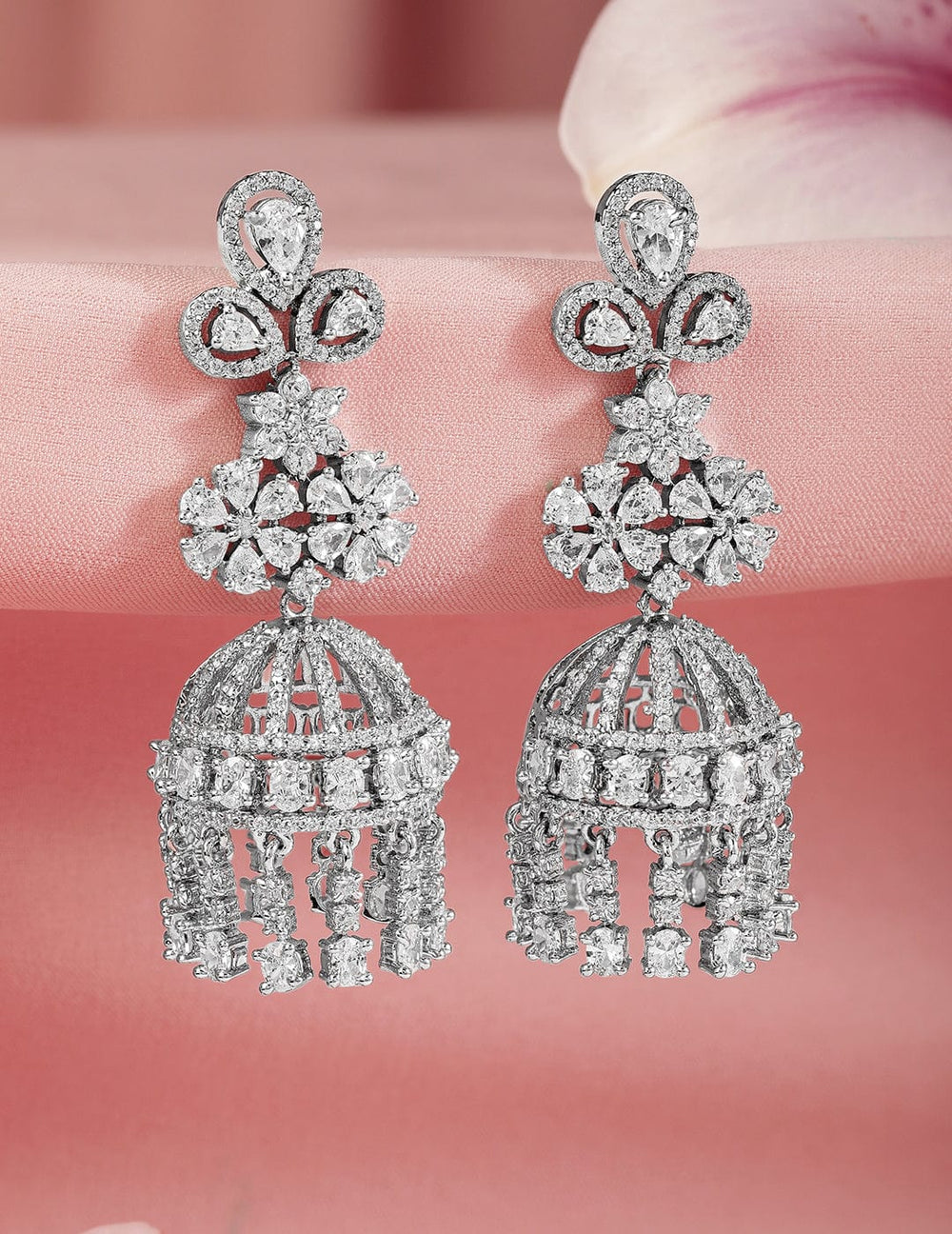 Rhodium Plated AAA Cubic Zirconia Studded Flower Design Jhumka Earrings Jhumka Earrings