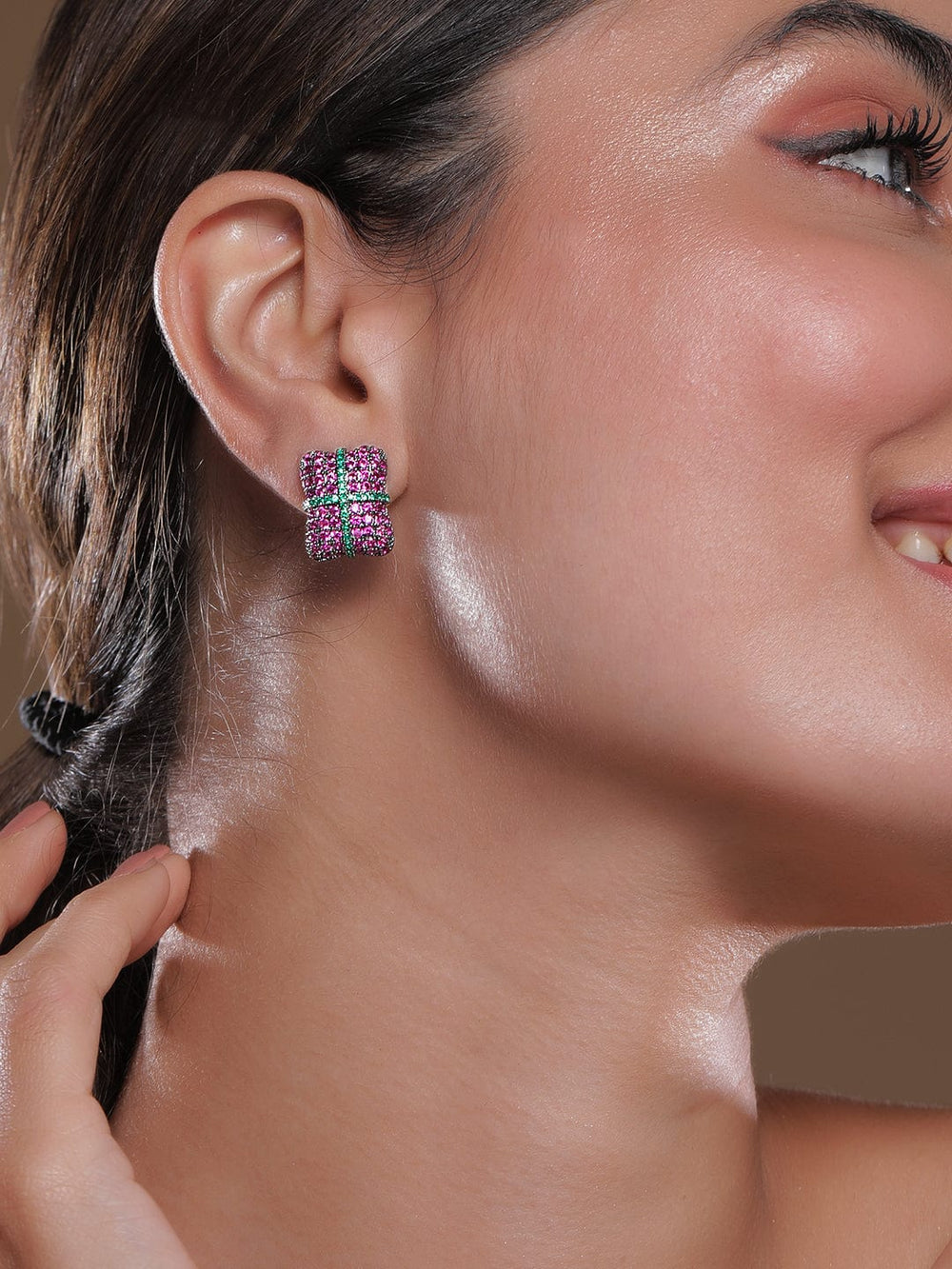 Rhodium-Plated AD & Cubic Zirconia Cushion-Cut Stud Earrings with Ruby & Emerald Accents Studs