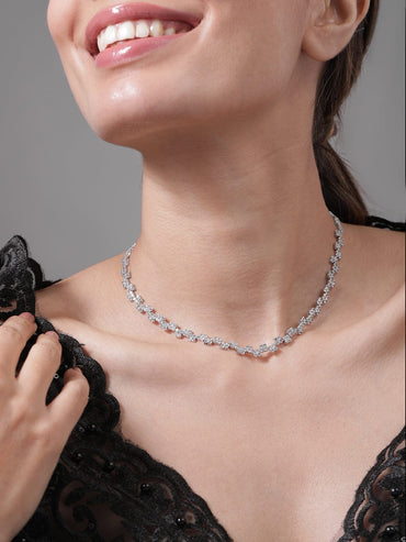 Rhodium Plated AD & Cubic Zirconia Studded Cross Link Tennis Necklace Necklace