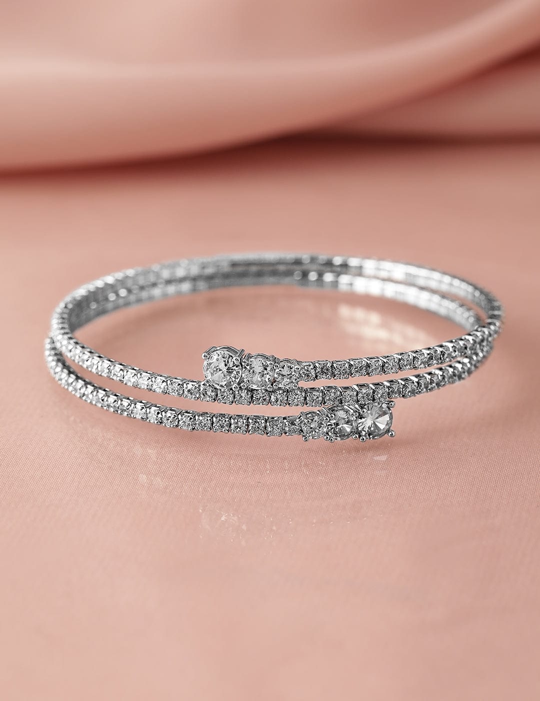 Rhodium-Plated AD & Cubic Zirconia Studded Double Line Bangle Bracelet Bracelet