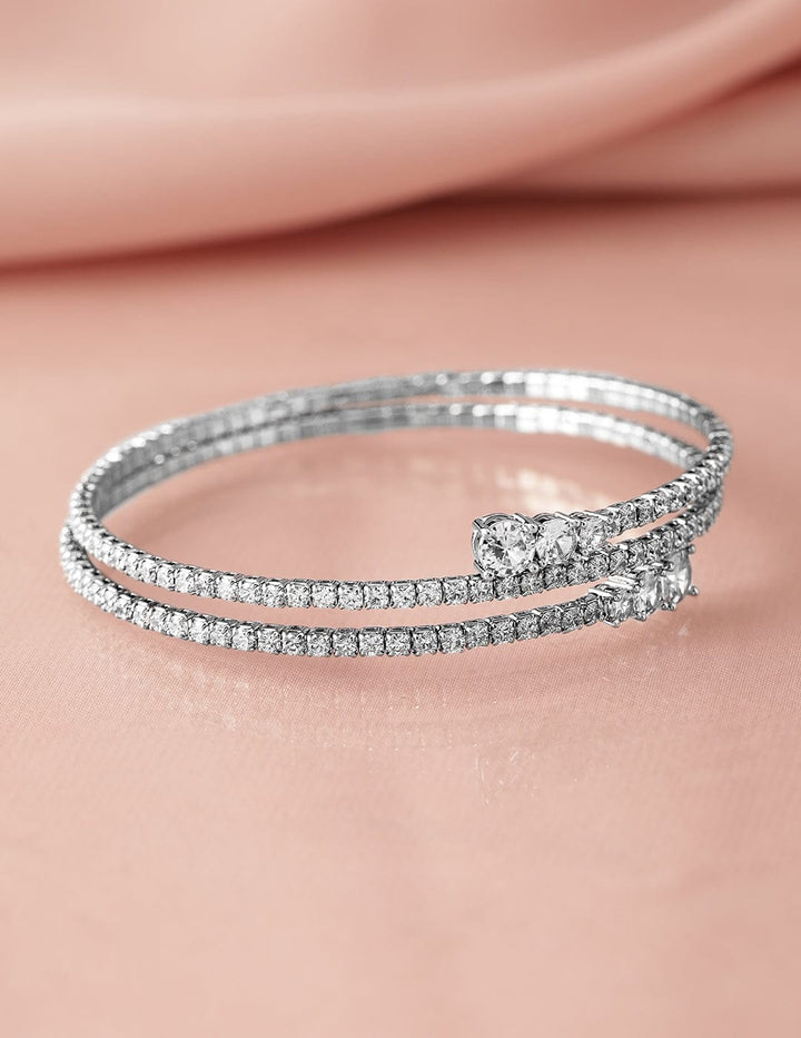 Rhodium-Plated AD & Cubic Zirconia Studded Double Line Bangle Bracelet Bracelet