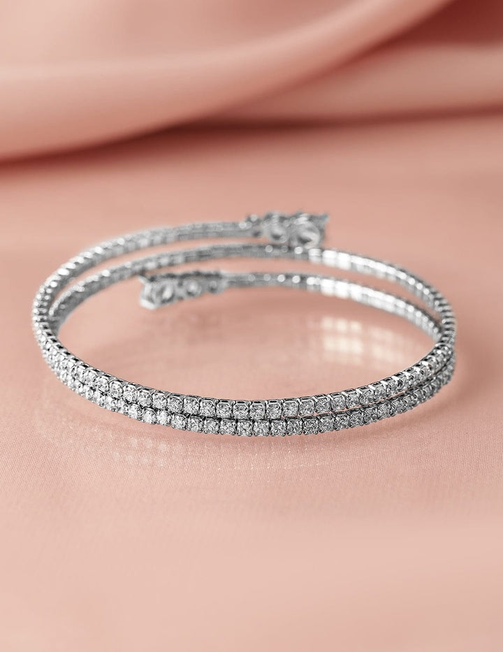 Rhodium-Plated AD & Cubic Zirconia Studded Double Line Bangle Bracelet Bracelet