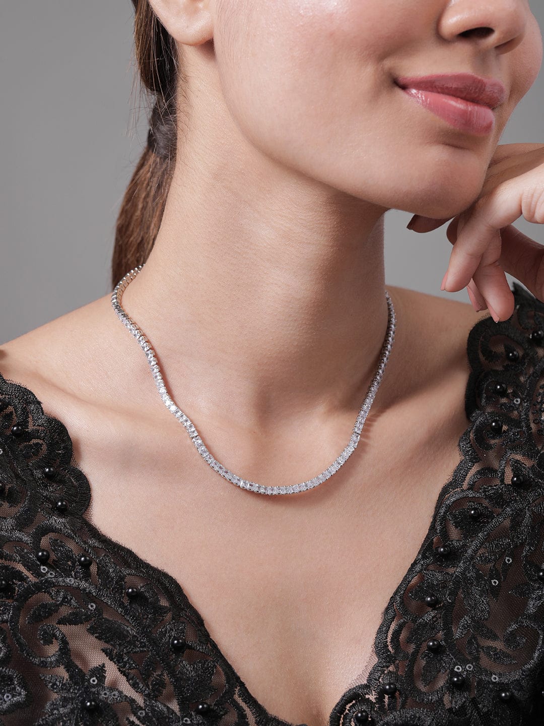 Rhodium Plated AD & Cubic Zirconia Studded Elegant Tennis Necklace Necklace