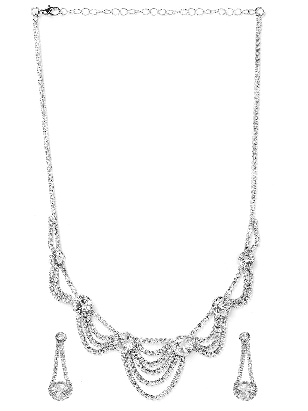 Rhodium Plated AD & Cubic Zirconia Studded Layered Statement Necklace Set Necklace and Earrings