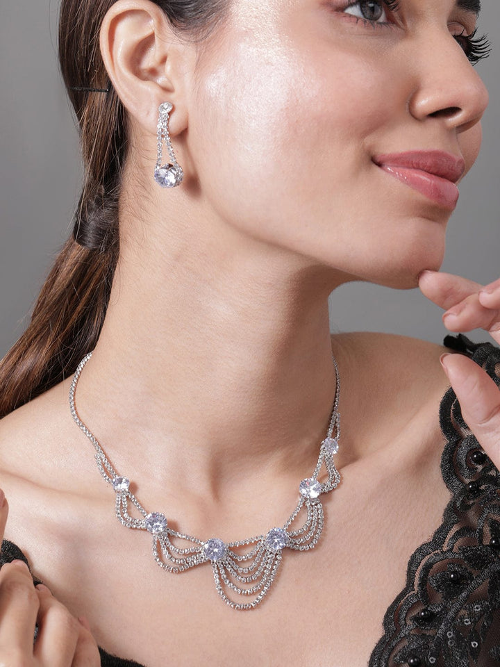 Rhodium Plated AD & Cubic Zirconia Studded Layered Statement Necklace Set Necklace and Earrings