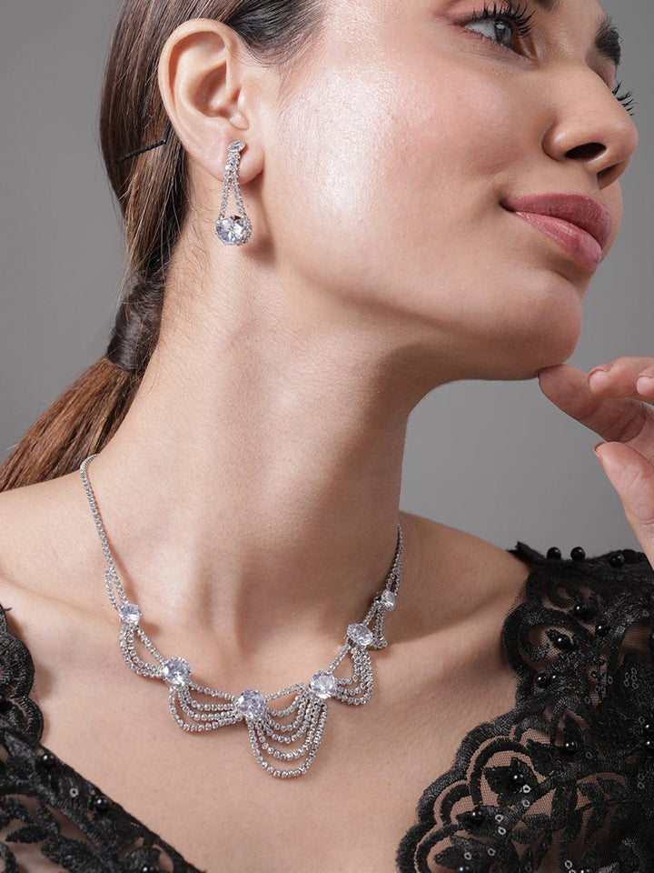 Rhodium Plated AD & Cubic Zirconia Studded Layered Statement Necklace Set Necklace and Earrings