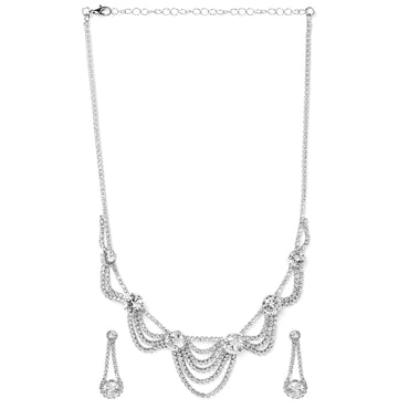 Rhodium Plated AD & Cubic Zirconia Studded Layered Statement Necklace Set Necklace and Earrings