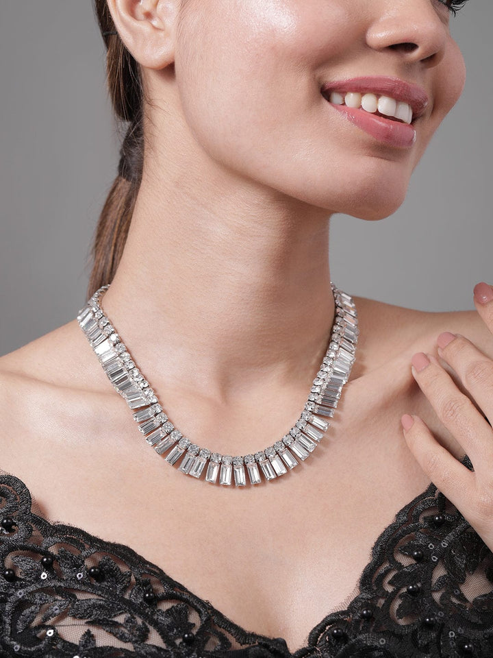 Rhodium Plated AD & Cubic Zirconia Studded Luxurious Baguette Necklace Necklace