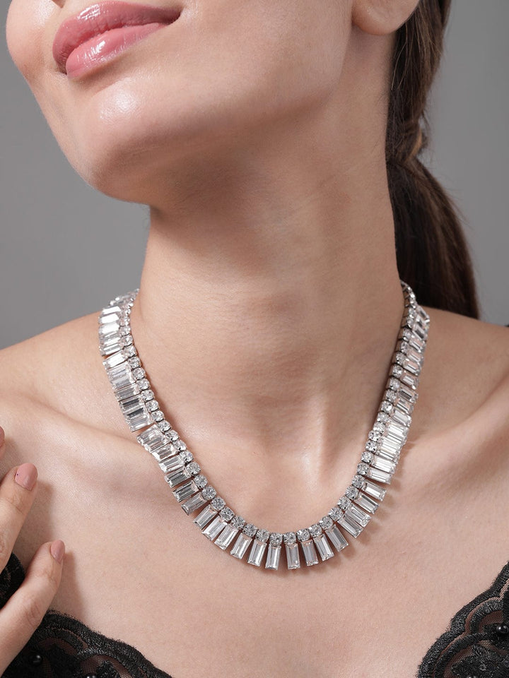 Rhodium Plated AD & Cubic Zirconia Studded Luxurious Baguette Necklace Necklace