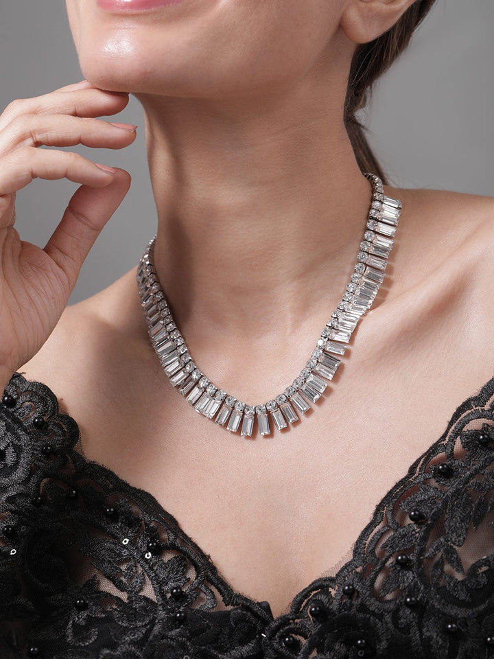 Rhodium Plated AD & Cubic Zirconia Studded Luxurious Baguette Necklace Necklace