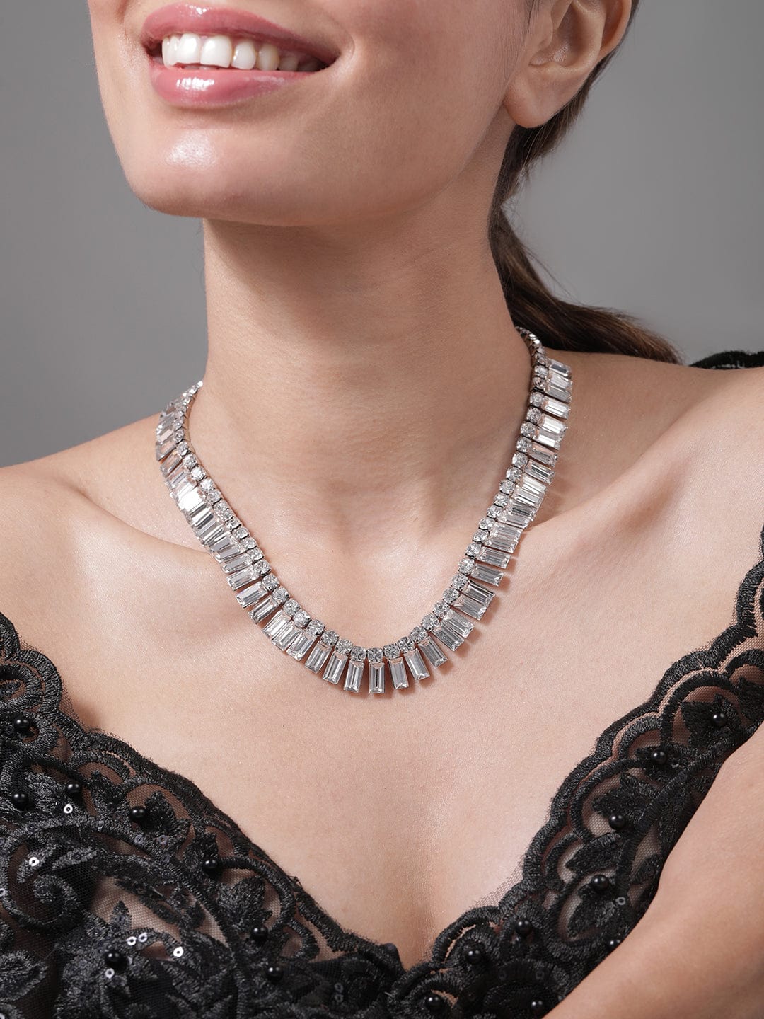 Rhodium Plated AD & Cubic Zirconia Studded Luxurious Baguette Necklace Necklace