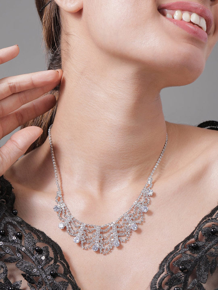 Rhodium Plated AD & Cubic Zirconia Studded Luxurious Draped Statement Necklace Necklace