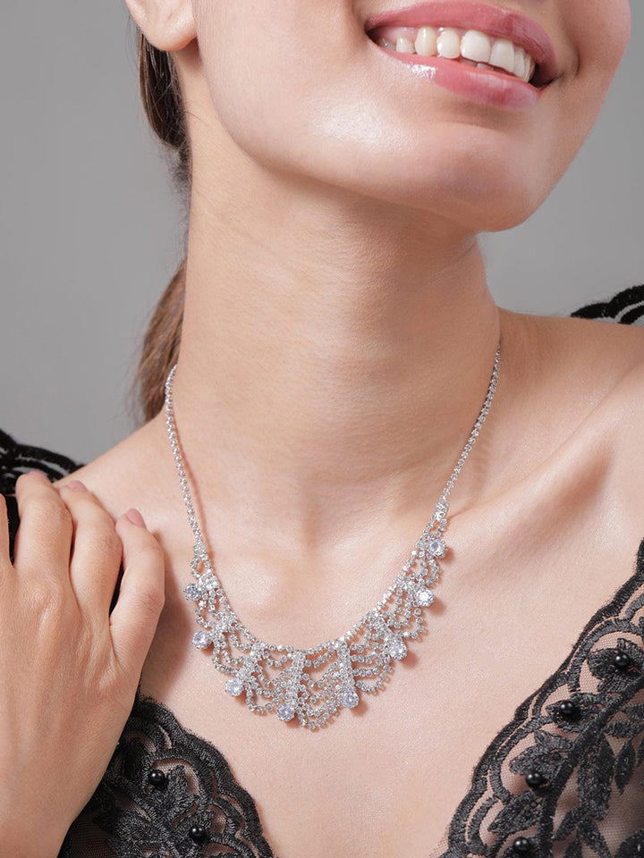 Rhodium Plated AD & Cubic Zirconia Studded Luxurious Draped Statement Necklace Necklace