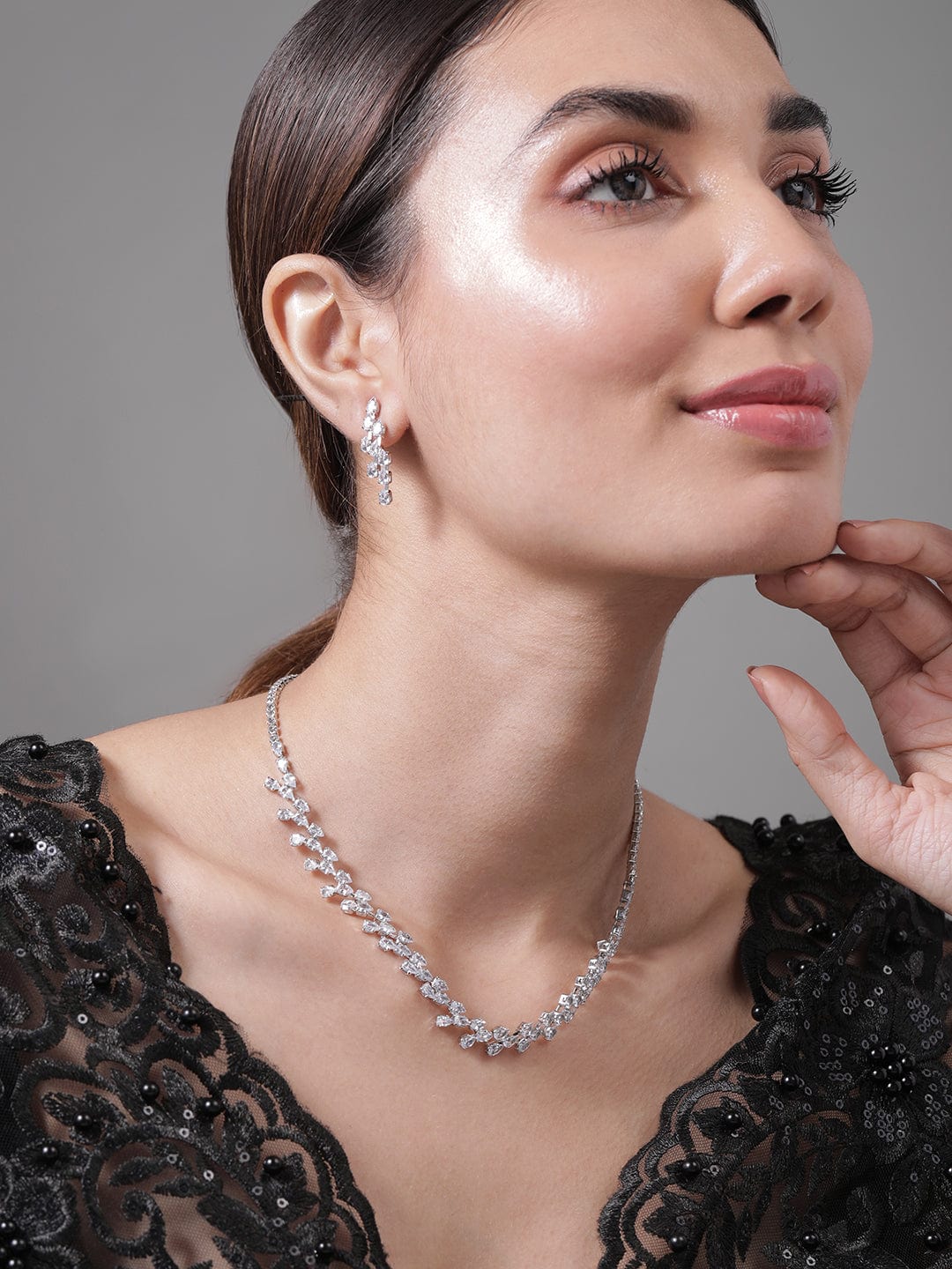 Rhodium Plated AD & Cubic Zirconia Studded Luxurious Floral Motif Necklace Set Necklace and Earrings