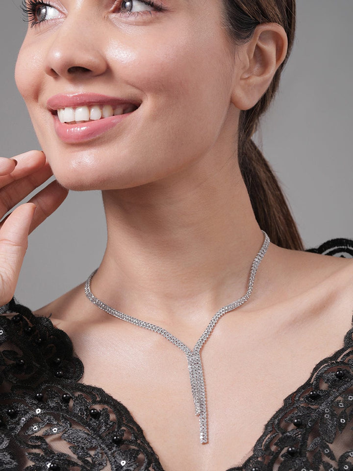 Rhodium Plated AD & Cubic Zirconia Studded Luxurious Lariat Statement Necklace Necklace