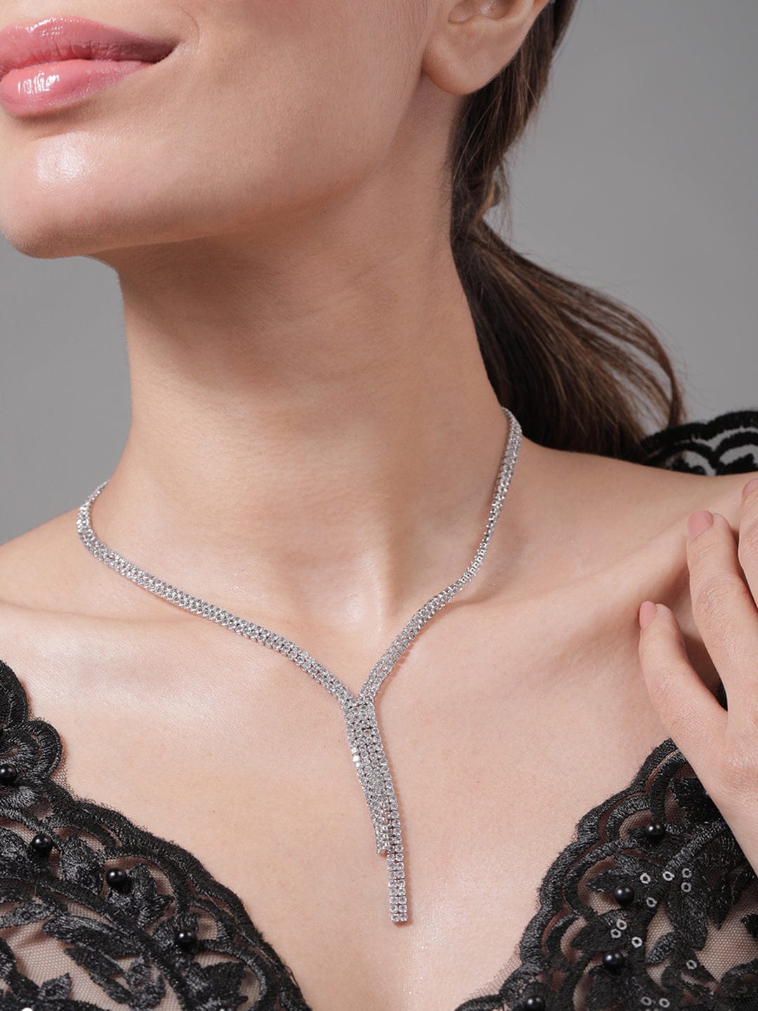 Rhodium Plated AD & Cubic Zirconia Studded Luxurious Lariat Statement Necklace Necklace