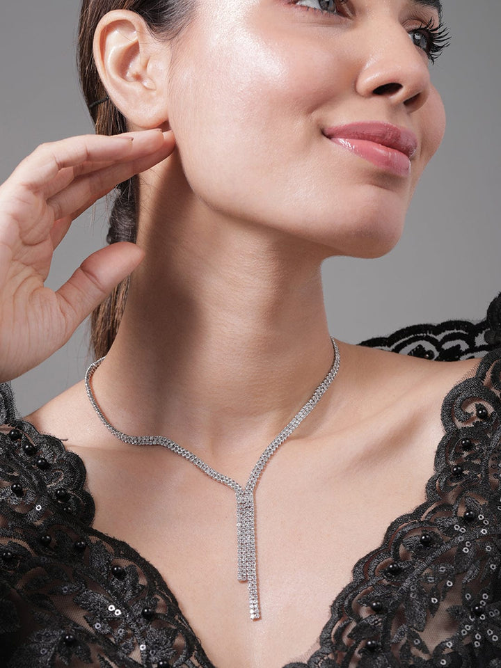 Rhodium Plated AD & Cubic Zirconia Studded Luxurious Lariat Statement Necklace Necklace