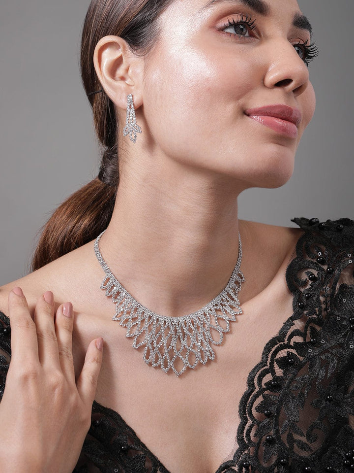 Rhodium Plated AD & Cubic Zirconia Studded Luxurious Leaf Motif Necklace Set Necklace and Earrings