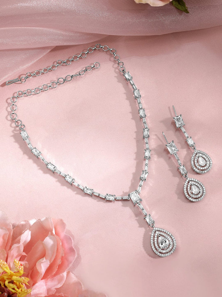 Rhodium Plated AD & Cubic Zirconia Studded Necklace Set with Teardrop Pendants Pendant and Earrings