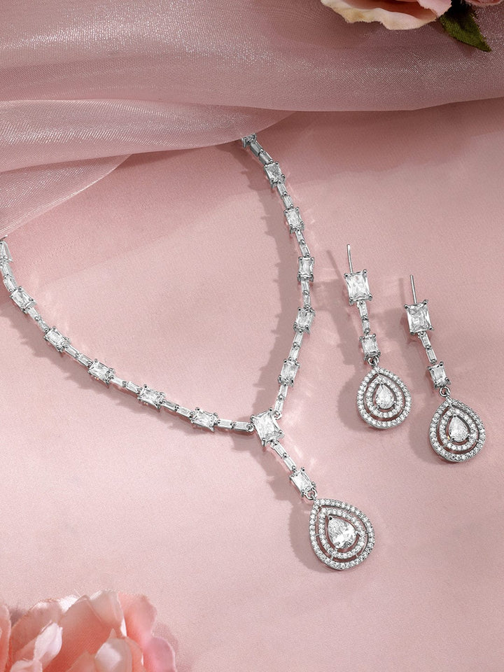 Rhodium Plated AD & Cubic Zirconia Studded Necklace Set with Teardrop Pendants Pendant and Earrings