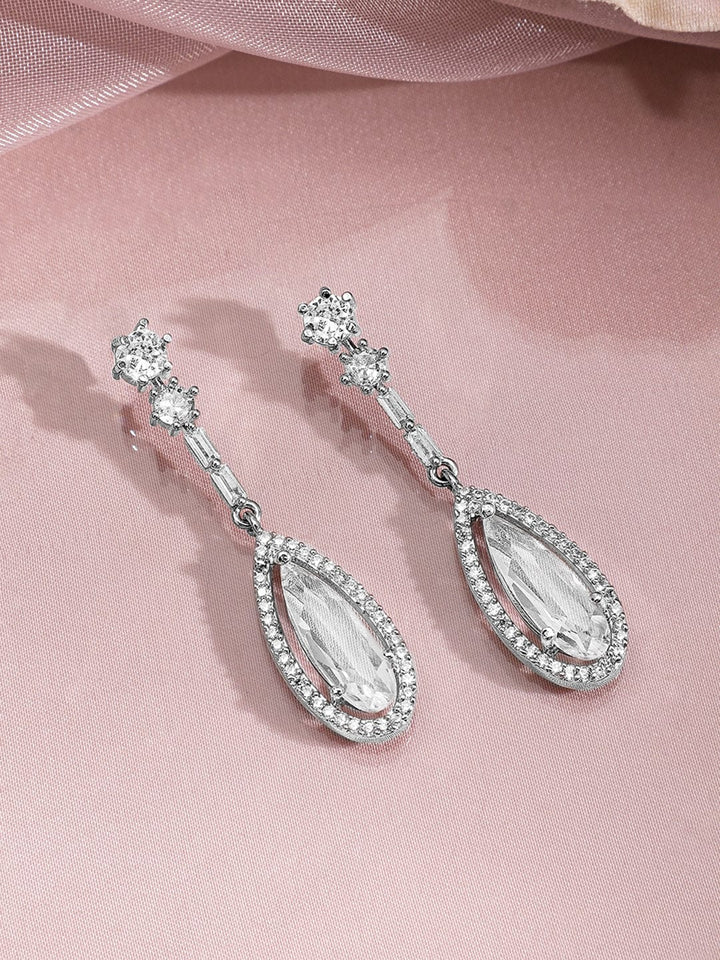 Rhodium Plated AD & Cubic Zirconia Studded Teardrop Statement Jewellery Set Pendant and Earrings