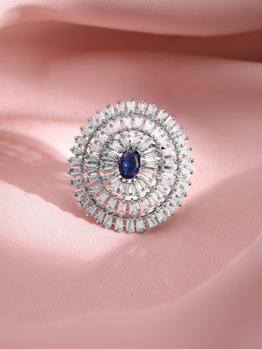 Rhodium Plated AD Stone Studded with blue StoneFinger Ring Rings