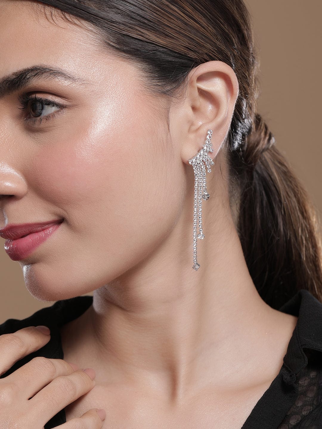 Rhodium Plated AD Studded Tassel Drop Earrings Drop Earrings