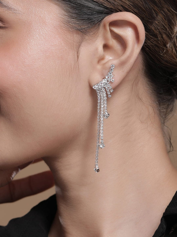 Rhodium Plated AD Studded Tassel Drop Earrings Drop Earrings