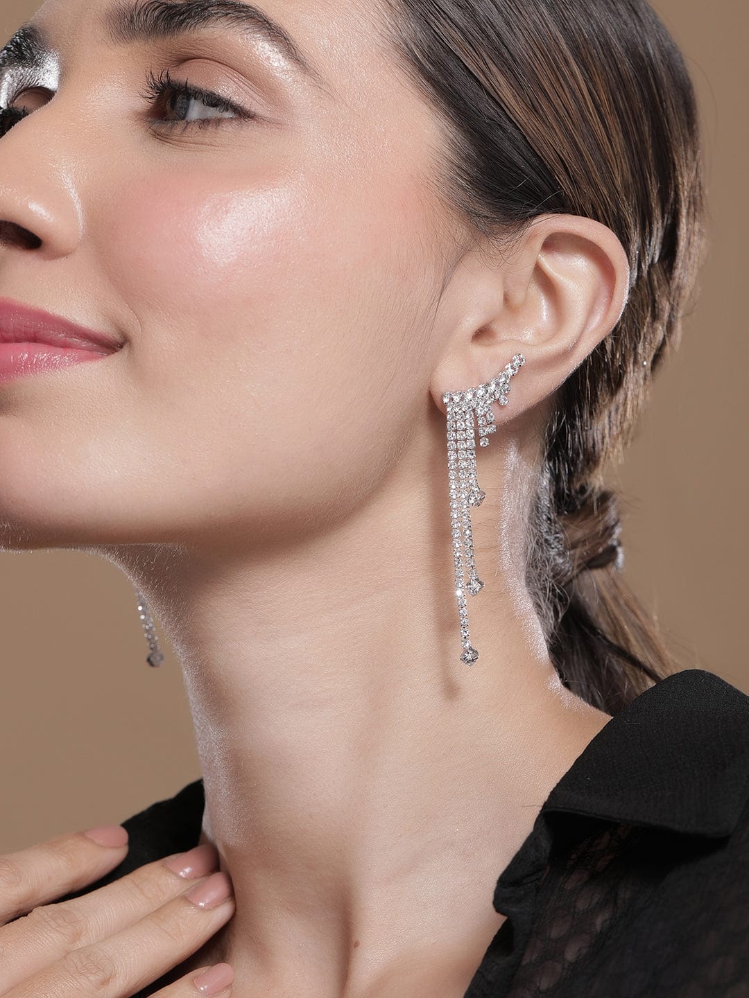 Rhodium Plated AD Studded Tassel Drop Earrings Drop Earrings