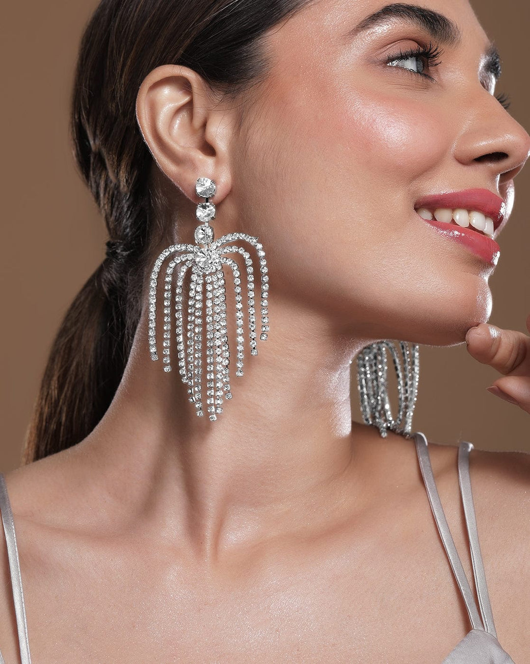 Rhodium Plated AD & Zirconia Studded Multi-Layered Shoulder Duster Earrings Drop Earring