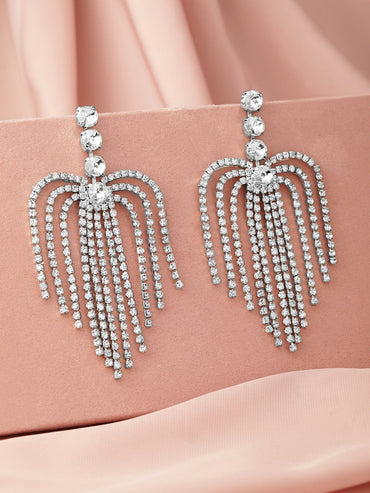 Rhodium Plated AD & Zirconia Studded Multi-Layered Shoulder Duster Earrings Earrings