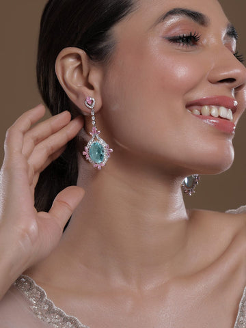 Rhodium Plated Aqua Blue & Pink AD & Cubic Zirconia Studded Floral Drop Earrings Drop Earrings