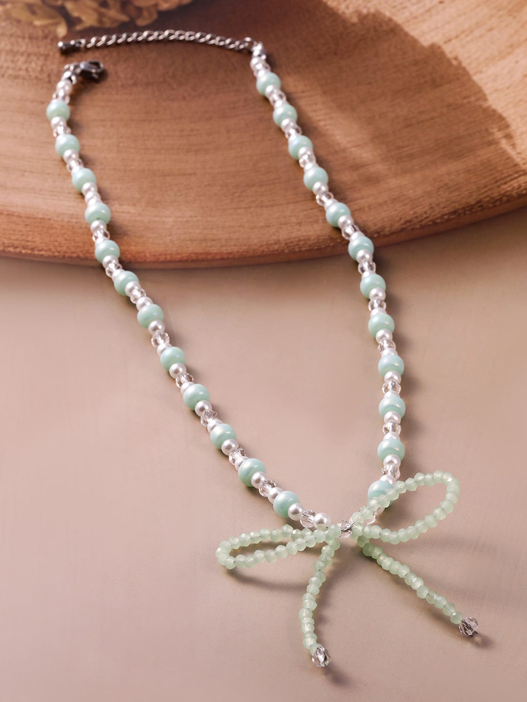 Rhodium Plated Aqua Green & White Beaded Necklace with Mint Green Bow Pendant Necklace and Chains